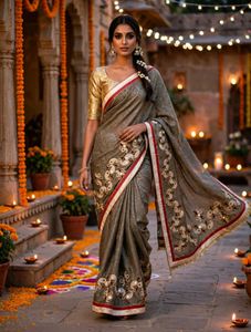 Embroidered Grey Saree with Mirror Work