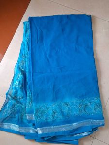 Beautiful Blue Saree with Silver Border