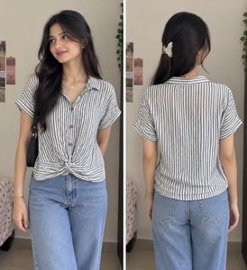 Striped Knot Front Button-Up Shirt