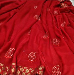 Vibrant Red Embroidered Saree
