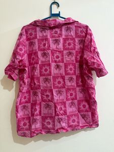 Pink Palm Tree Print Button-Up Shirt