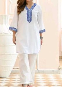 White Kurta Set with Blue Embroidery