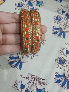 Exquisite Orange &amp; Gold Embellished Bangles