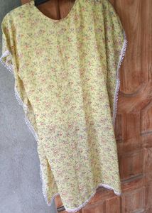Yellow Floral Kaftan Dress with White Trim