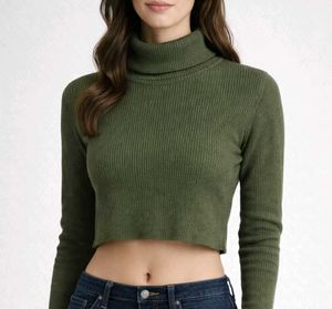 H&M Ribbed Olive Green Cropped Turtleneck Top