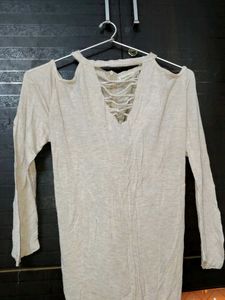 Beige Lace-Up Cold Shoulder Top