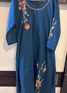 Teal Kurta Set with Floral Painting