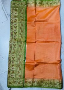 Orange Silk Saree with Green Border