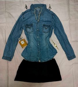 Office siren snatched denim shirt