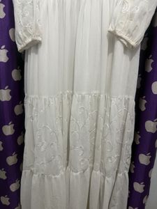 White Tiered Embroidered Gown with Red Scarf