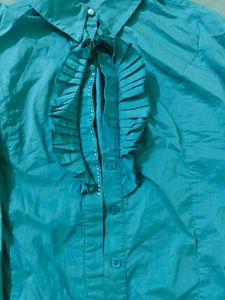 Chic Teal Ruffle Front Button-Up Shirt