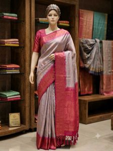 Silver-Grey & Rani Pink Soft Silk Saree