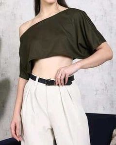 Shein Asymmetrical Neck Extended Sleeve Crop Top💚