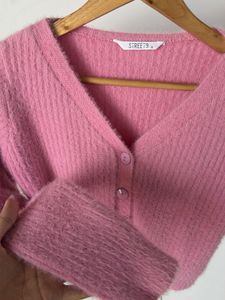 Pink Cropped Fuzzy Cardigan