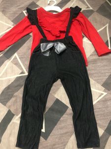 Cute Red Top &amp; Denim Overalls Set