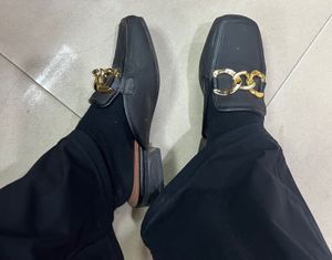 Black Mules with Gold Detail
