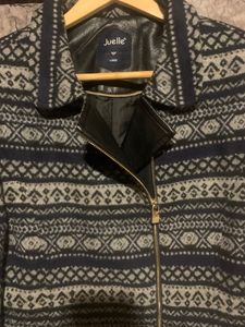 Woollen Long Coat With Stylish Chain And Bit Leather Front