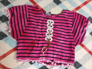Striped Pom-Pom Detailed Pink Crop Top