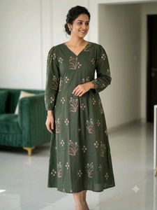 Elegant Olive Green Printed Kurta gown