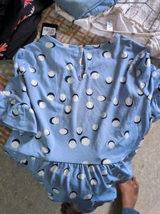 Blue Polka Dot Ruffle Sleeve Top