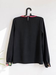 Chic Black Floral Collar Long Sleeve Top