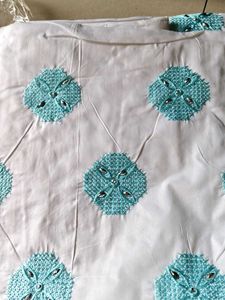 White Dress Material with Blue Embroidery