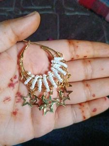 Gold Star Hoop Earrings with White Beads