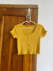 Mustard Yellow Ribbed Lettuce-Hem Knit Top