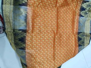 Orange and navy blue Silk Saree with Golden Border