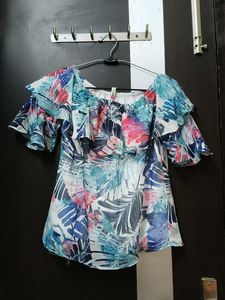 Tropical Print Off-Shoulder Ruffled Top