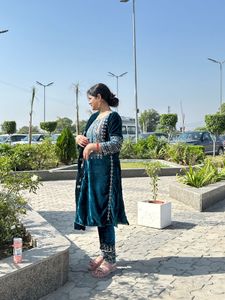 Teal Velvet Embroidered Kurta Set