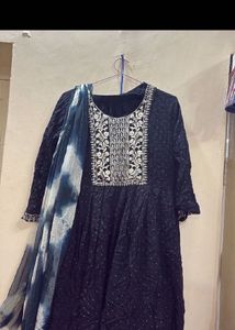 Embroidered Navy Blue Kurta with Dupatta