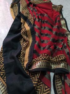 Red &amp; Black Saree with Gold Border