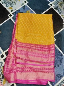 Vibrant Yellow &amp; Pink Silk Saree