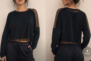 Sheer Mesh Detail Black Long Sleeve Top