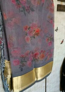Elegant Floral Grey Saree with Tassels