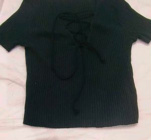 Ribbed Lace-Up Black zara top