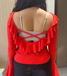 Red Bell Sleeve Ribbed Top