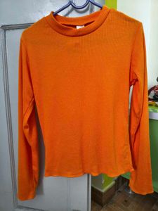 Vibrant Orange Ribbed Long Sleeve Top