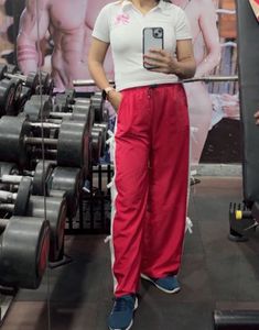 White Bow Print Polo Tee &amp; Red Side Stripe Pants