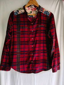 Red Plaid Button-Up Shirt with Floral Accents