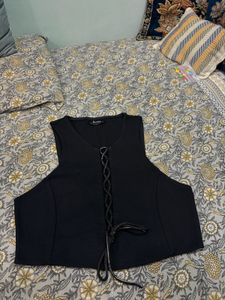 lmported Black Lace-Up Sleeveless Vest Top