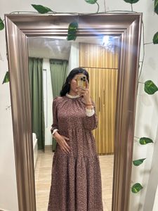Brown Floral Print Dress with Lace Detail
