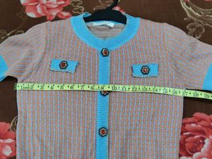 Chic Knit Top - Pink with Blue Trim
