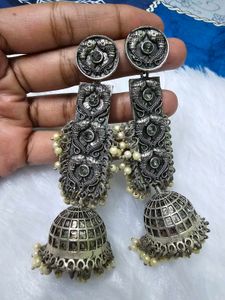 Oxidized Silver Jhumka Earrings