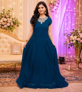 Stunning Teal Anarkali Gown with Embellished Neckl