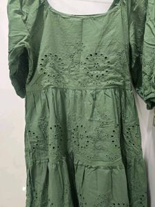 Chic Olive Green Tiered Eyelet Dress