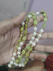 Elegant Pearl and Green Stone Necklace