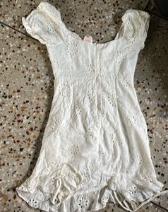 White Eyelet Ruched Mini Dress
