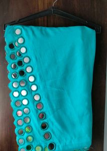 Elegant Teal Saree with Mirror Work Border
